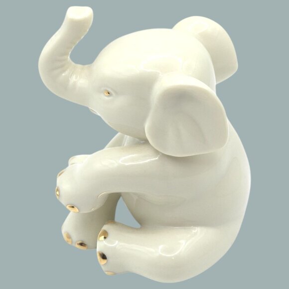 Lenox Porcelain Sitting Baby Elephant Figurine Cream With Gold Accents Trunk Up - Picture 5 of 9